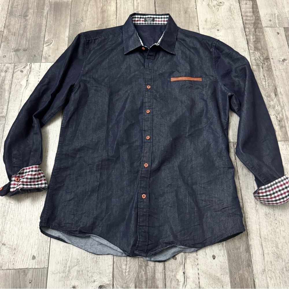 Coofandy Men’s Charcoal Long Sleeve Button Contrast Collar Flip Cuff Dark Denim